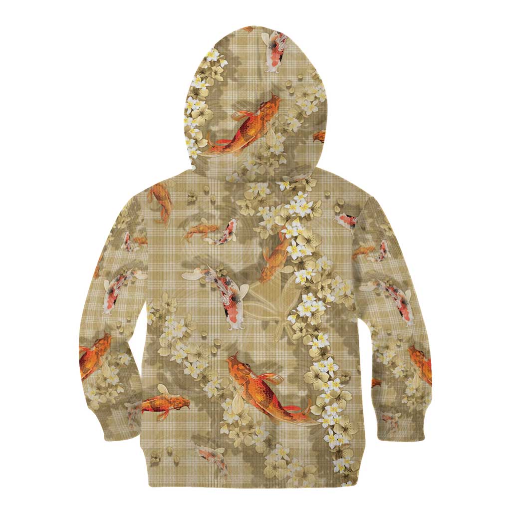 Beige Palaka Hawaiian And Japanese Kid Hoodie Sakura Lei With Koi Fish - Polynesian Pride