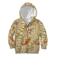 Beige Palaka Hawaiian And Japanese Kid Hoodie Sakura Lei With Koi Fish - Polynesian Pride