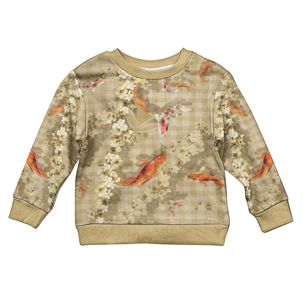 Beige Palaka Hawaiian And Japanese Kid Ugly Christmas Sweater Sakura Lei With Koi Fish - Polynesian Pride