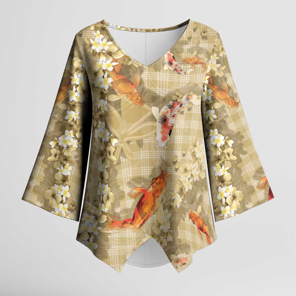 Beige Palaka Hawaiian And Japanese Kimono Sleeve Blouse Sakura Lei With Koi Fish - Polynesian Pride