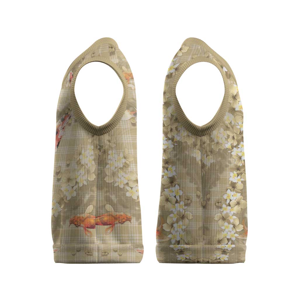 Beige Palaka Hawaiian And Japanese Christmas Knitted V-Neck Vest Sakura Lei With Koi Fish - Polynesian Pride