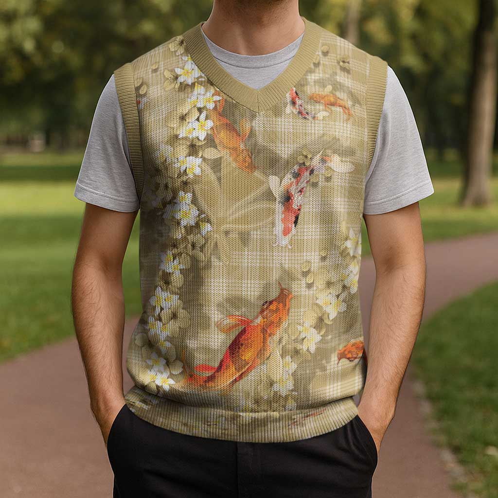 Beige Palaka Hawaiian And Japanese Christmas Knitted V-Neck Vest Sakura Lei With Koi Fish - Polynesian Pride