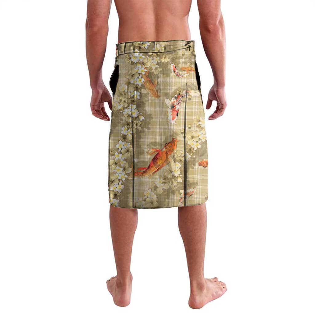 Beige Palaka Hawaiian And Japanese Lavalava Sakura Lei With Koi Fish - Polynesian Pride