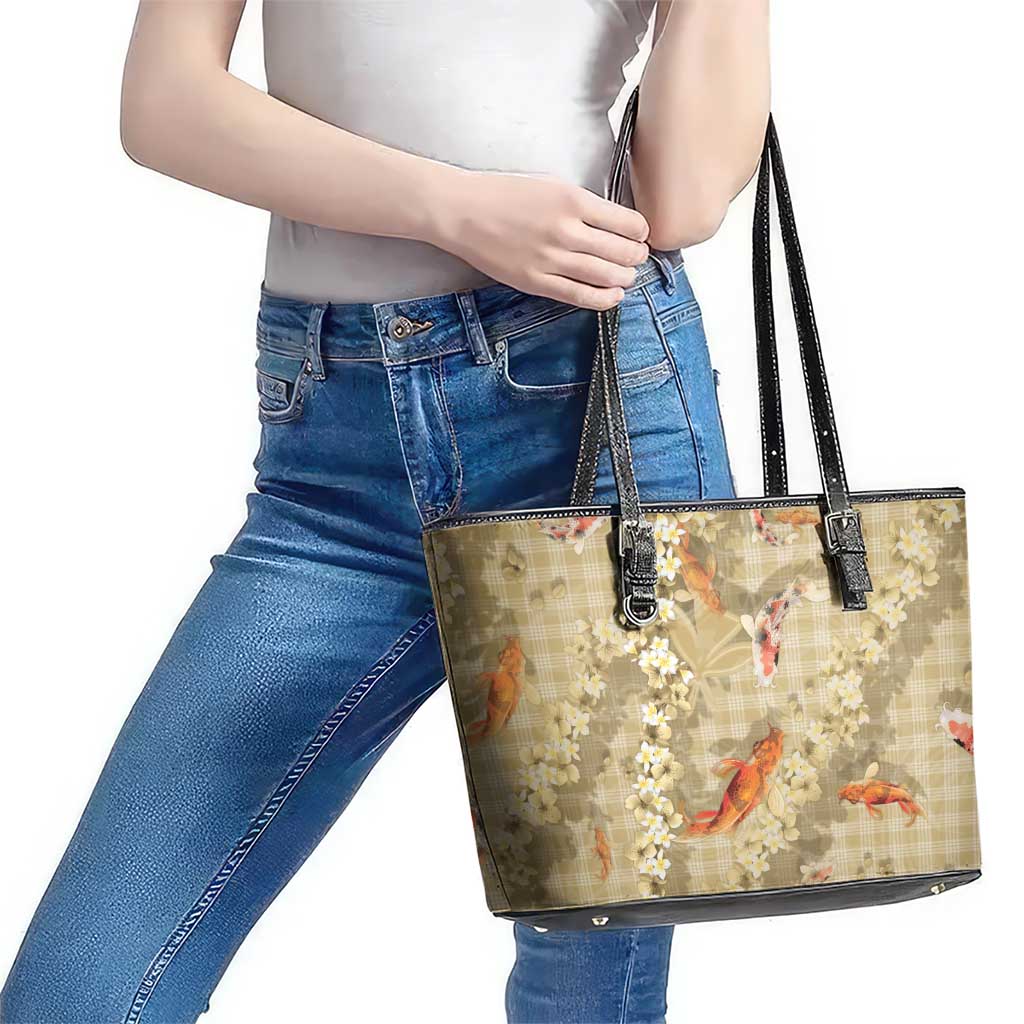 Beige Palaka Hawaiian And Japanese Leather Tote Bag Sakura Lei With Koi Fish - Polynesian Pride