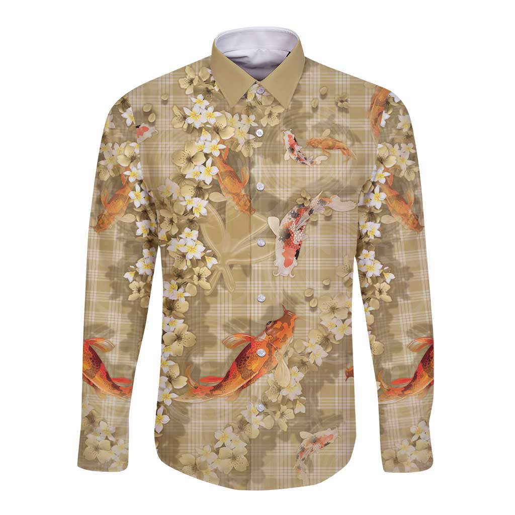 Beige Palaka Hawaiian And Japanese Long Sleeve Button Shirt Sakura Lei With Koi Fish DT05 Unisex Beige - Polynesian Pride