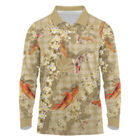 Beige Palaka Hawaiian And Japanese Long Sleeve Polo Shirt Sakura Lei With Koi Fish - Polynesian Pride