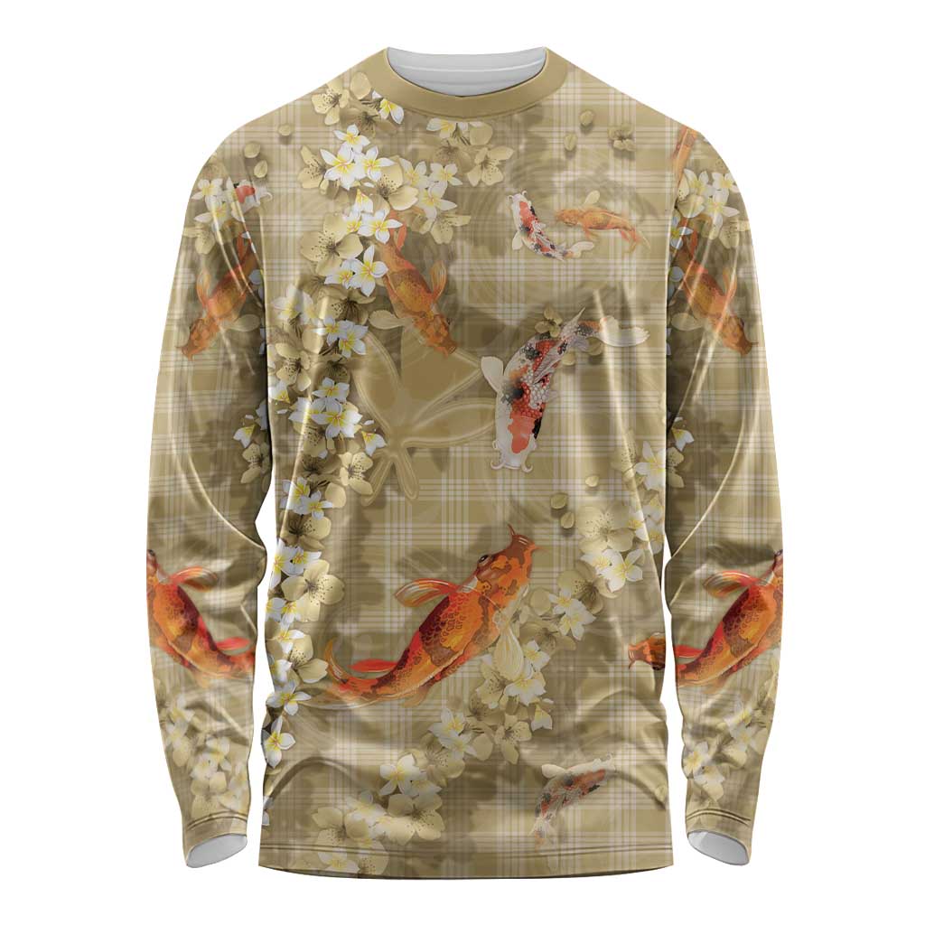 Beige Palaka Hawaiian And Japanese Long Sleeve Shirt Sakura Lei With Koi Fish - Polynesian Pride