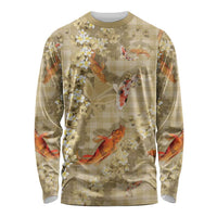 Beige Palaka Hawaiian And Japanese Long Sleeve Shirt Sakura Lei With Koi Fish - Polynesian Pride