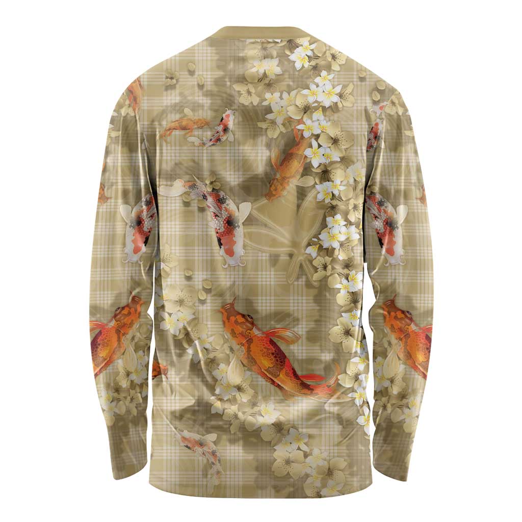Beige Palaka Hawaiian And Japanese Long Sleeve Shirt Sakura Lei With Koi Fish - Polynesian Pride