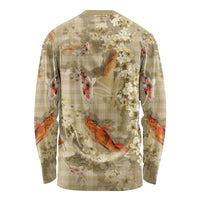 Beige Palaka Hawaiian And Japanese Long Sleeve Shirt Sakura Lei With Koi Fish - Polynesian Pride