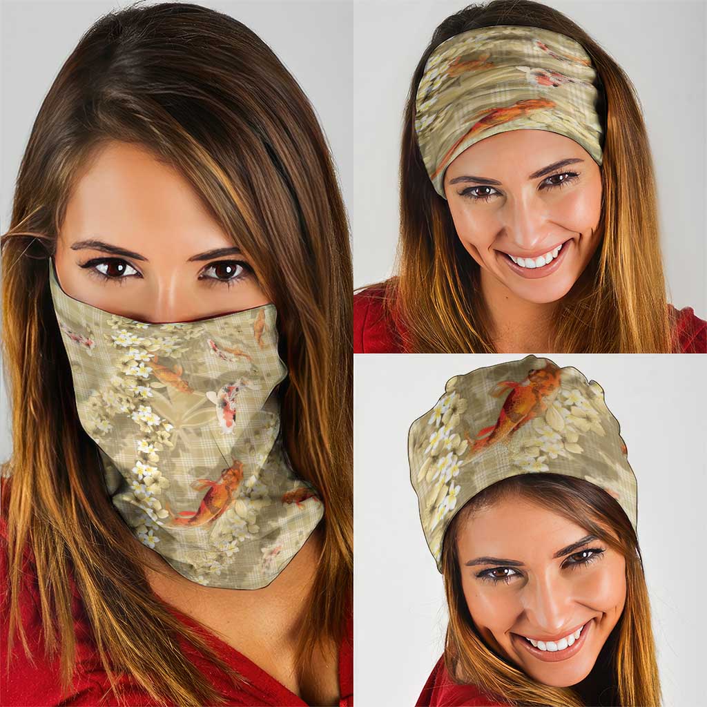 Beige Palaka Hawaiian And Japanese Neck Gaiter Sakura Lei With Koi Fish - Polynesian Pride