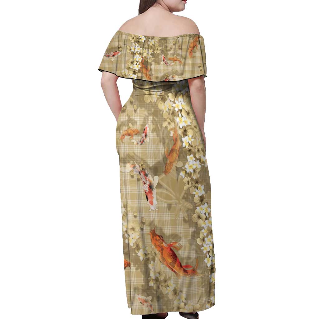 Beige Palaka Hawaiian And Japanese Off Shoulder Maxi Dress Sakura Lei With Koi Fish - Polynesian Pride