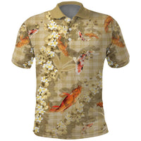 Beige Palaka Hawaiian And Japanese Polo Shirt Sakura Lei With Koi Fish - Polynesian Pride