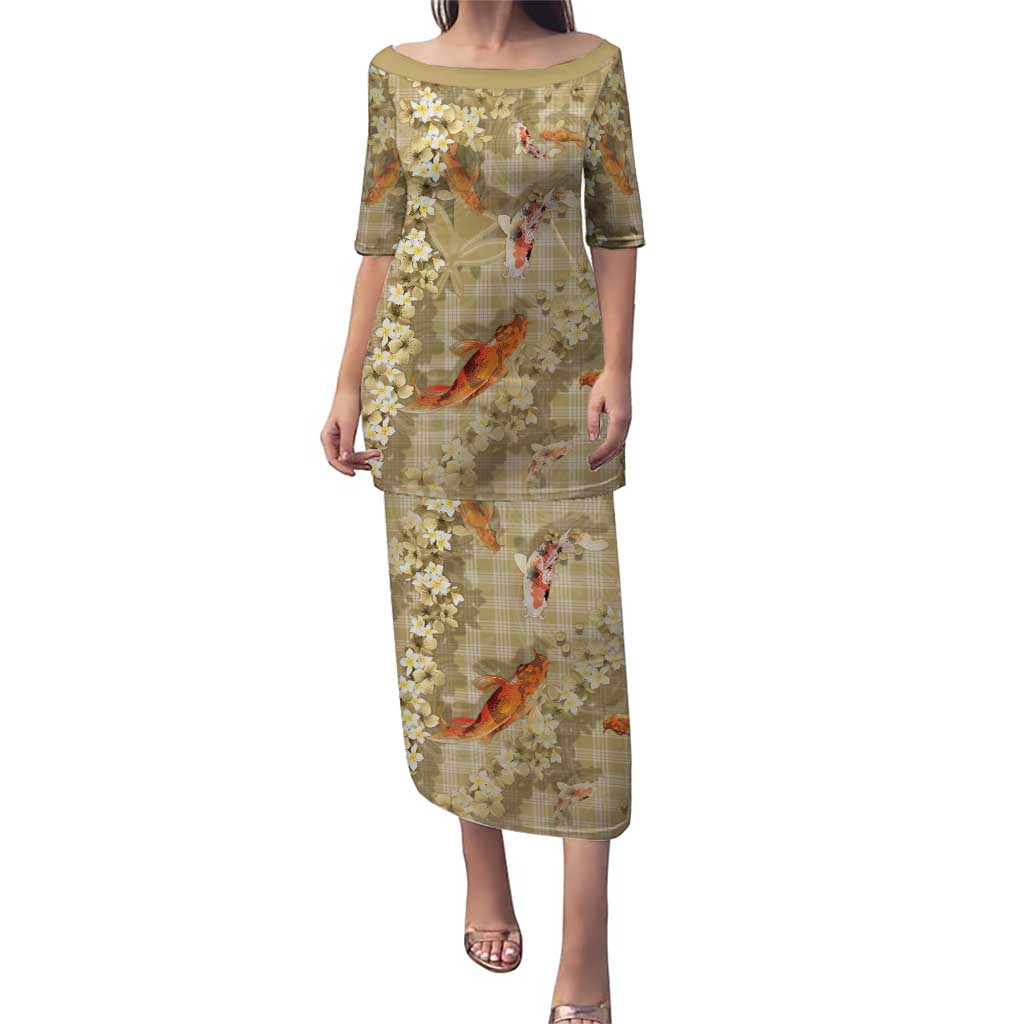 Beige Palaka Hawaiian And Japanese Puletasi Sakura Lei With Koi Fish - Polynesian Pride