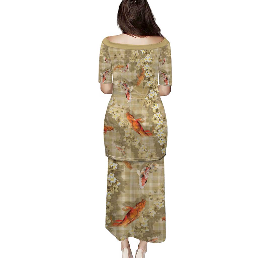 Beige Palaka Hawaiian And Japanese Puletasi Sakura Lei With Koi Fish - Polynesian Pride