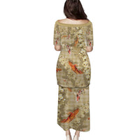 Beige Palaka Hawaiian And Japanese Puletasi Sakura Lei With Koi Fish - Polynesian Pride