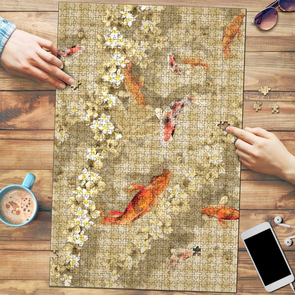 Beige Palaka Hawaiian And Japanese Puzzle Sakura Lei With Koi Fish DT05 Beige - Polynesian Pride