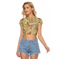 Beige Palaka Hawaiian And Japanese Raglan Cropped T Shirt Sakura Lei With Koi Fish - Polynesian Pride