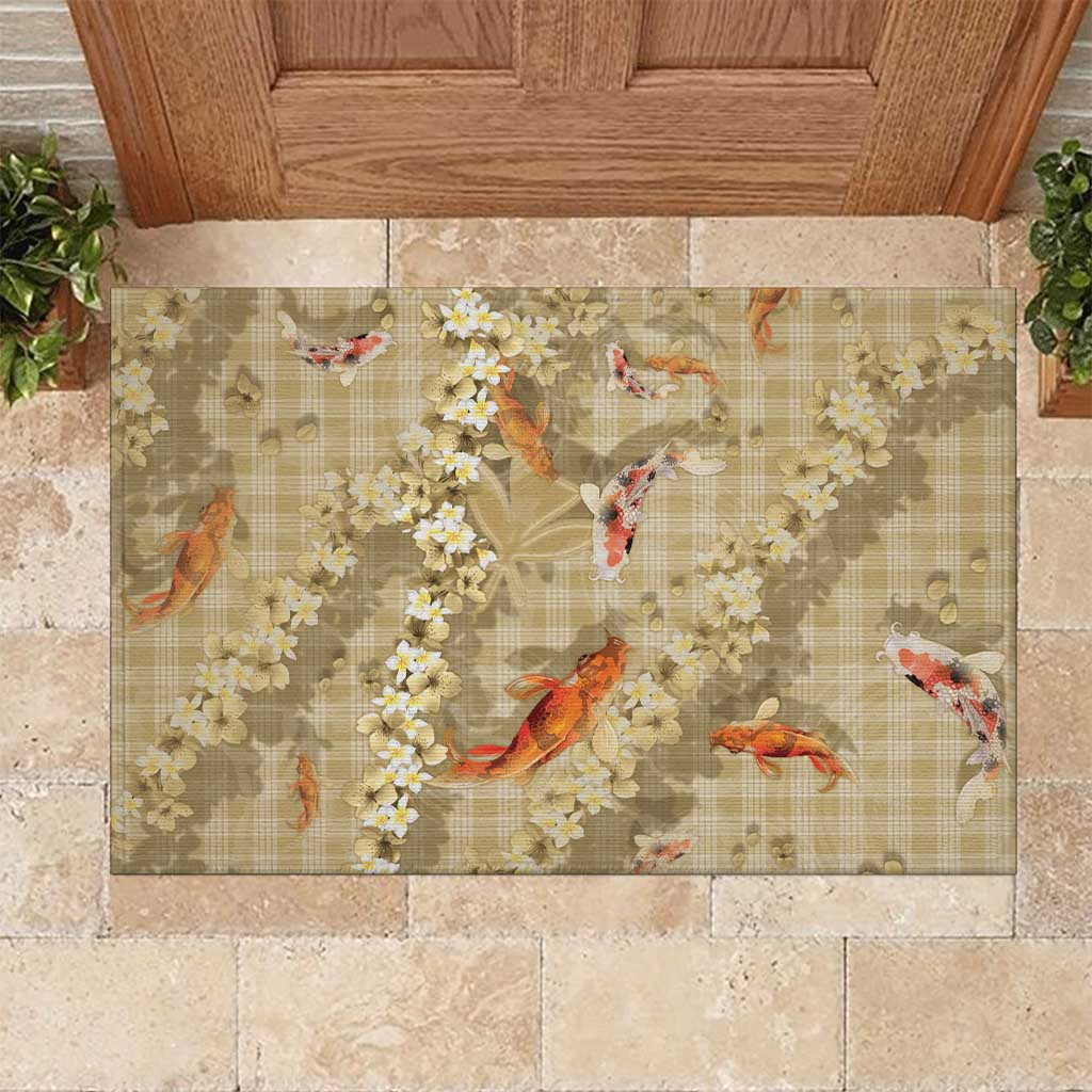 Beige Palaka Hawaiian And Japanese Rubber Doormat Sakura Lei With Koi Fish DT05 Beige - Polynesian Pride