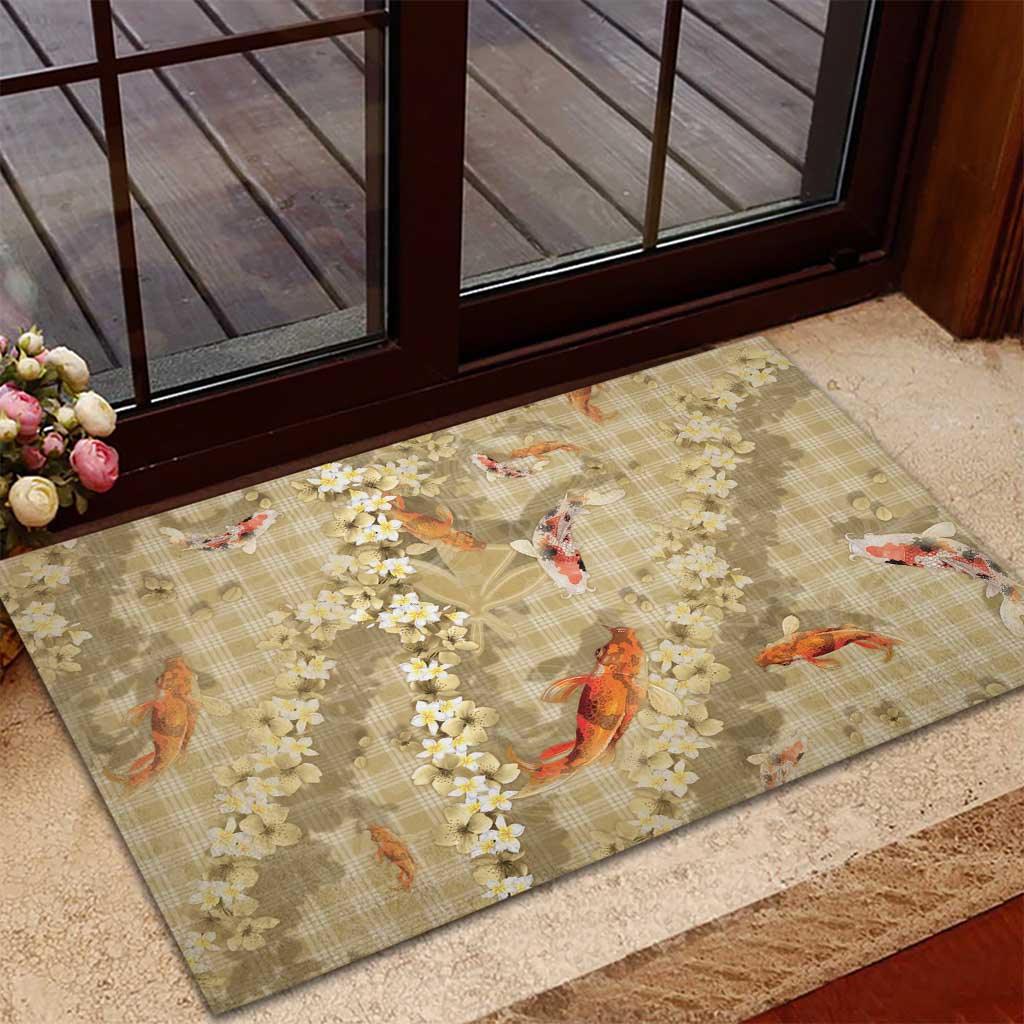 Beige Palaka Hawaiian And Japanese Rubber Doormat Sakura Lei With Koi Fish DT05 - Polynesian Pride