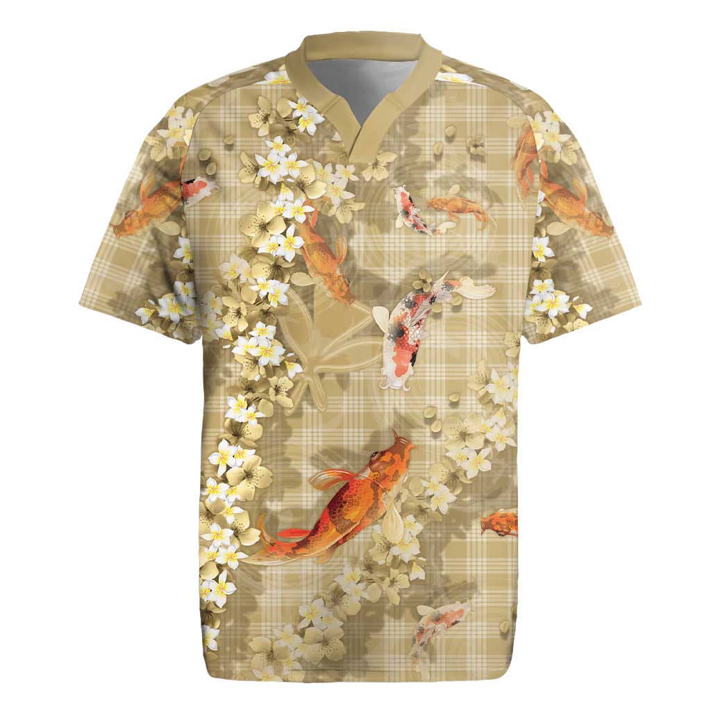Beige Palaka Hawaiian And Japanese Rugby Jersey Sakura Lei With Koi Fish DT05 Beige - Polynesian Pride