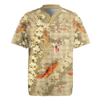 Beige Palaka Hawaiian And Japanese Rugby Jersey Sakura Lei With Koi Fish DT05 Beige - Polynesian Pride