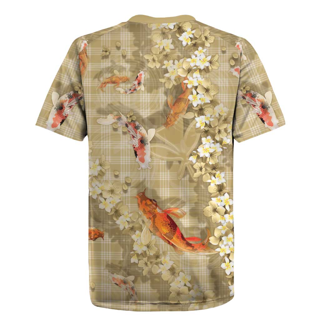 Beige Palaka Hawaiian And Japanese Rugby Jersey Sakura Lei With Koi Fish DT05 - Polynesian Pride