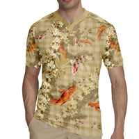 Beige Palaka Hawaiian And Japanese Rugby Jersey Sakura Lei With Koi Fish DT05 - Polynesian Pride