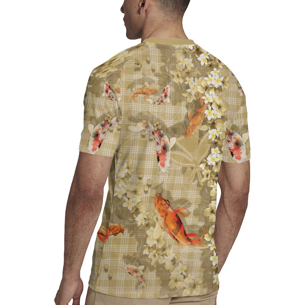 Beige Palaka Hawaiian And Japanese Rugby Jersey Sakura Lei With Koi Fish DT05 - Polynesian Pride