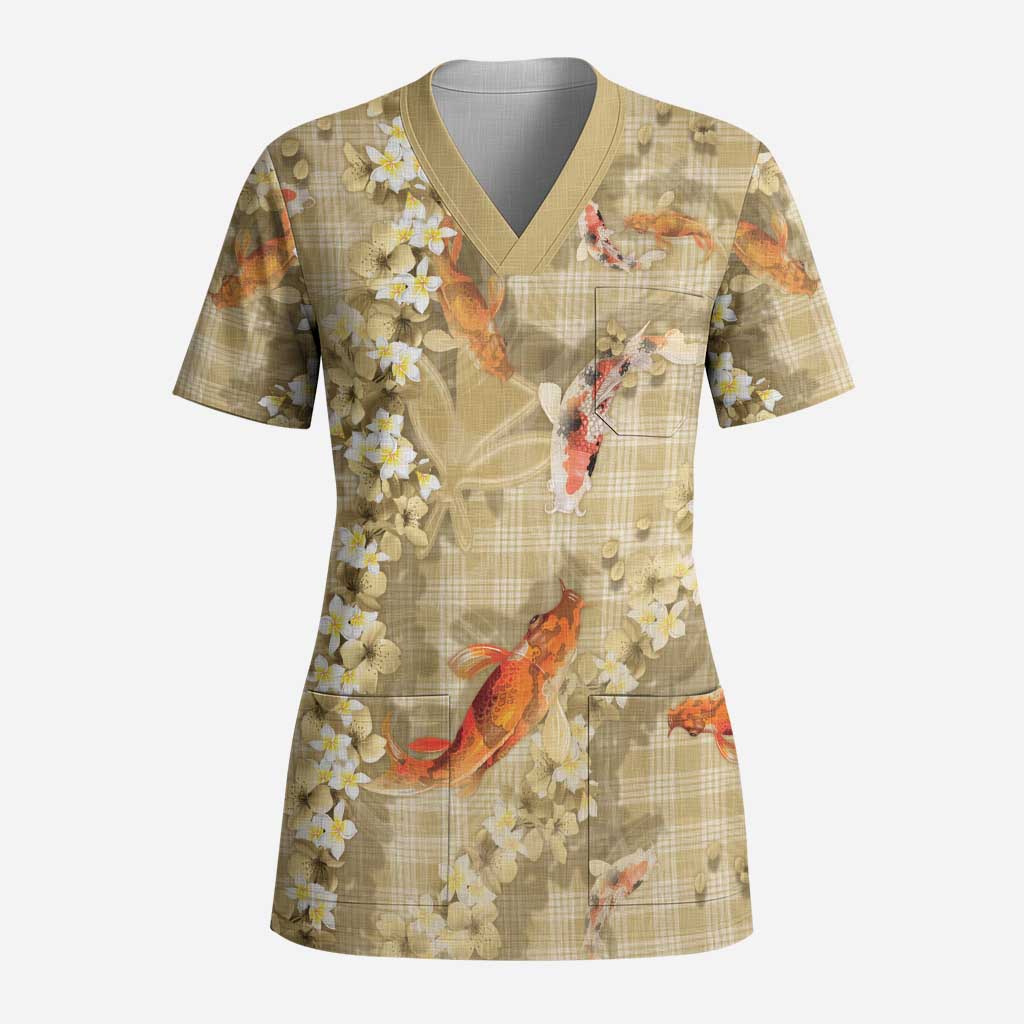 Beige Palaka Hawaiian And Japanese Scrub Top Sakura Lei With Koi Fish DT05 Adult Beige - Polynesian Pride