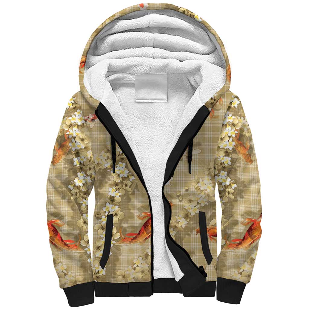 Beige Palaka Hawaiian And Japanese Sherpa Hoodie Sakura Lei With Koi Fish DT05 Unisex Beige - Polynesian Pride
