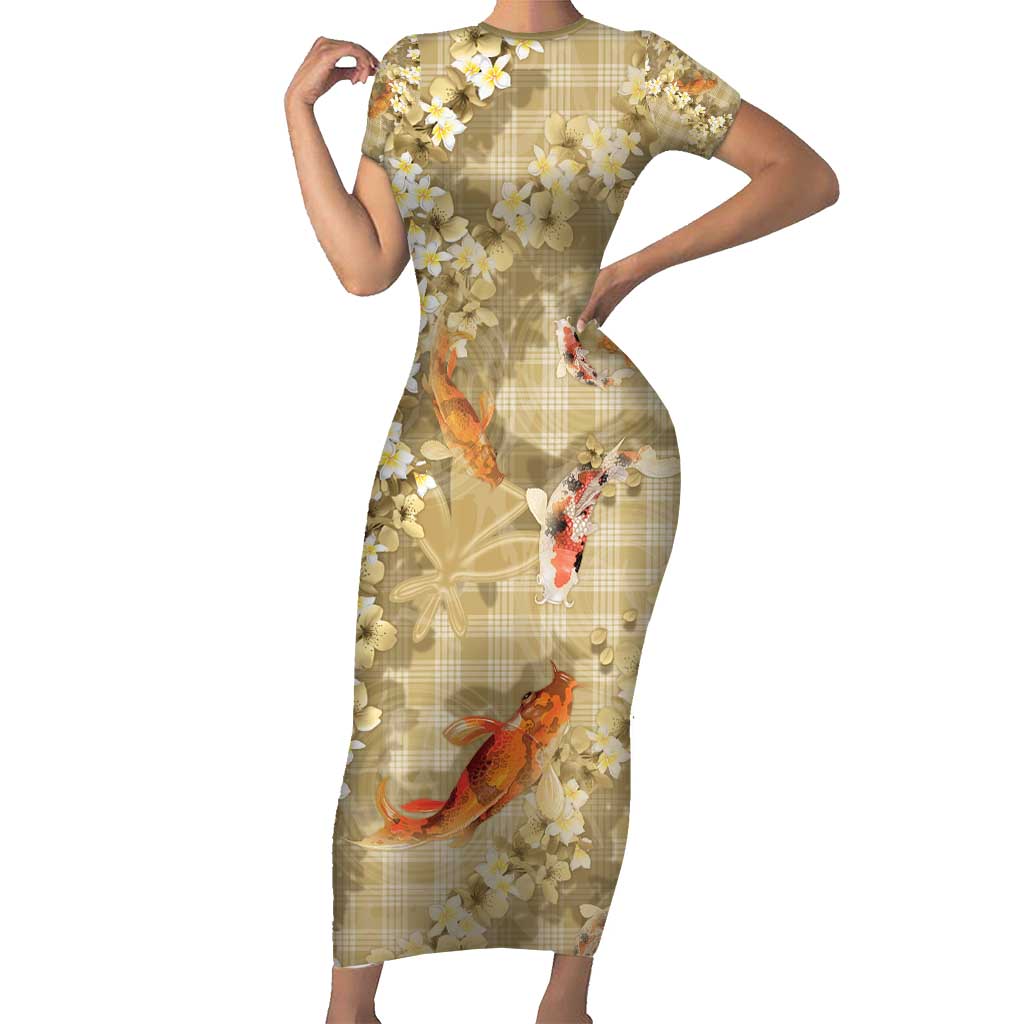 Beige Palaka Hawaiian And Japanese Short Sleeve Bodycon Dress Sakura Lei With Koi Fish - Polynesian Pride