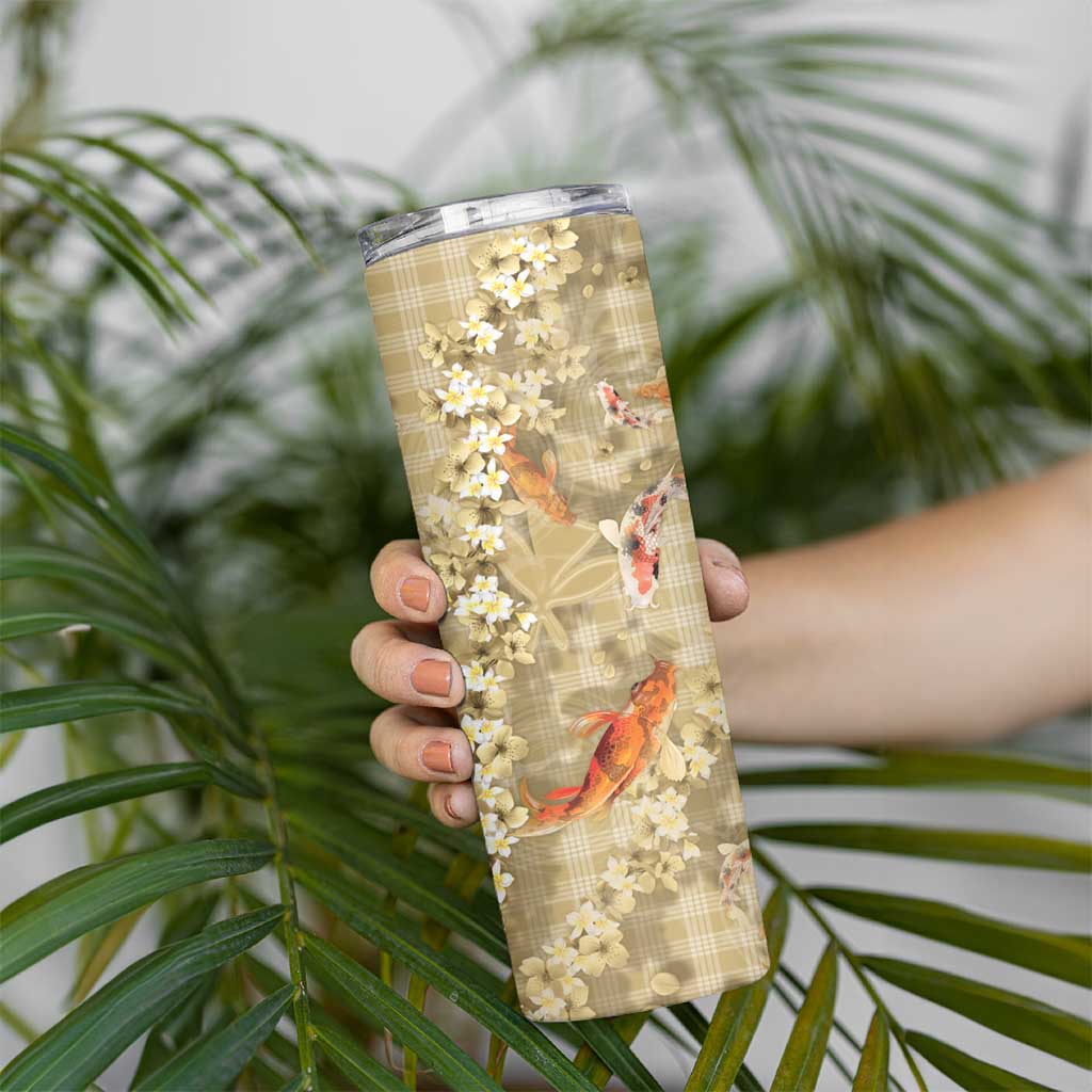 Beige Palaka Hawaiian And Japanese Skinny Tumbler Sakura Lei With Koi Fish DT05 - Polynesian Pride