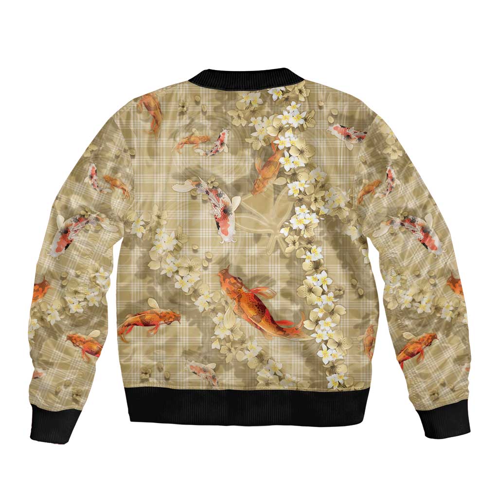 Beige Palaka Hawaiian And Japanese Sleeve Zip Bomber Jacket Sakura Lei With Koi Fish - Polynesian Pride