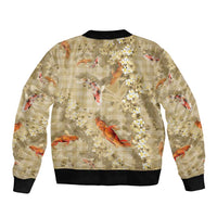Beige Palaka Hawaiian And Japanese Sleeve Zip Bomber Jacket Sakura Lei With Koi Fish - Polynesian Pride