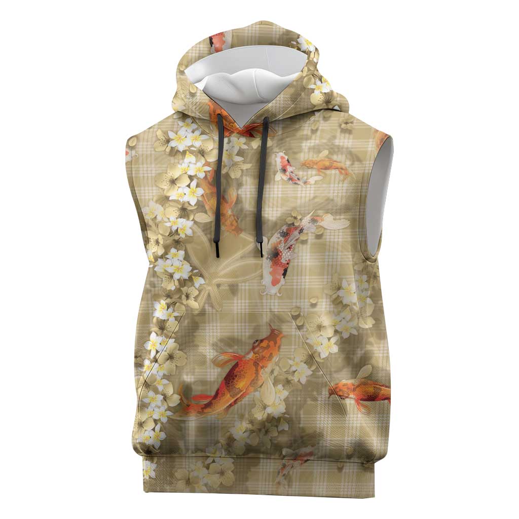 Beige Palaka Hawaiian And Japanese Sleeveless Hoodie Sakura Lei With Koi Fish - Polynesian Pride