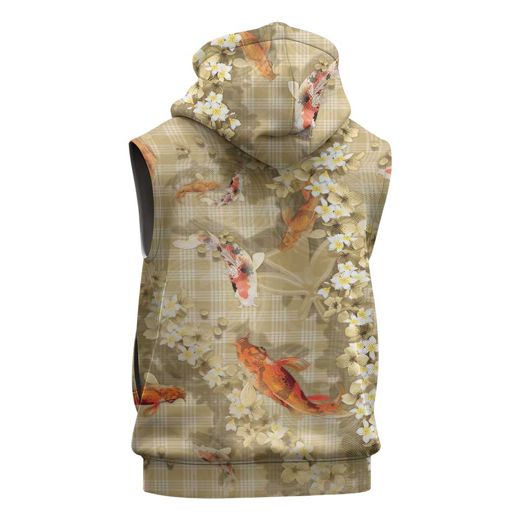 Beige Palaka Hawaiian And Japanese Sleeveless Hoodie Sakura Lei With Koi Fish - Polynesian Pride