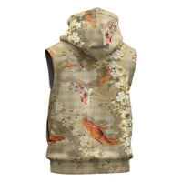 Beige Palaka Hawaiian And Japanese Sleeveless Hoodie Sakura Lei With Koi Fish - Polynesian Pride