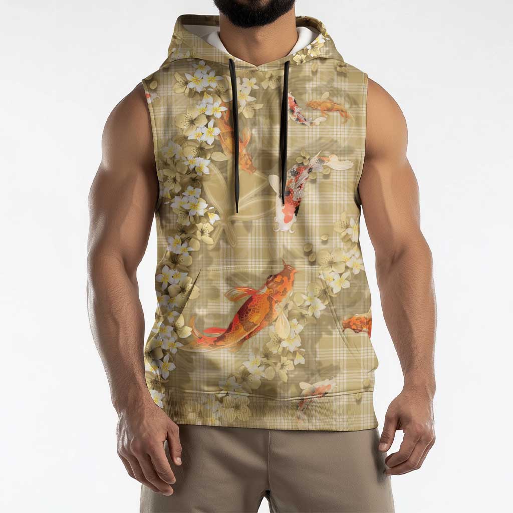 Beige Palaka Hawaiian And Japanese Sleeveless Hoodie Sakura Lei With Koi Fish - Polynesian Pride