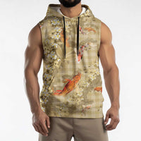 Beige Palaka Hawaiian And Japanese Sleeveless Hoodie Sakura Lei With Koi Fish - Polynesian Pride