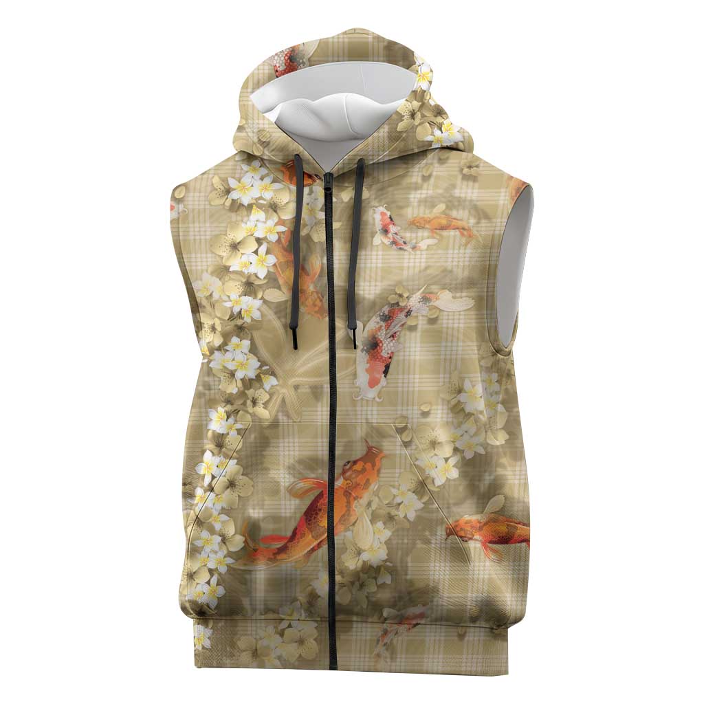Beige Palaka Hawaiian And Japanese Sleeveless Zip Hoodie Sakura Lei With Koi Fish - Polynesian Pride