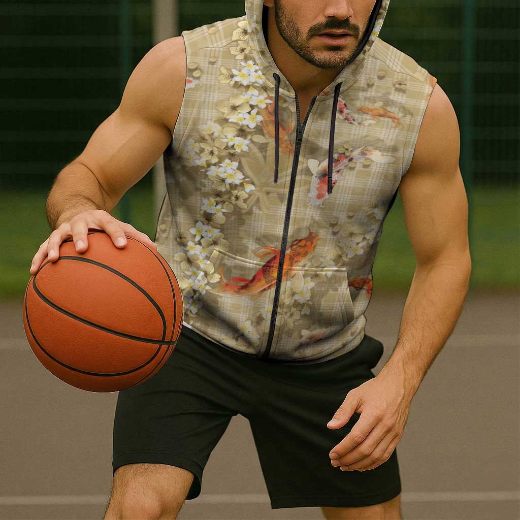 Beige Palaka Hawaiian And Japanese Sleeveless Zip Hoodie Sakura Lei With Koi Fish - Polynesian Pride