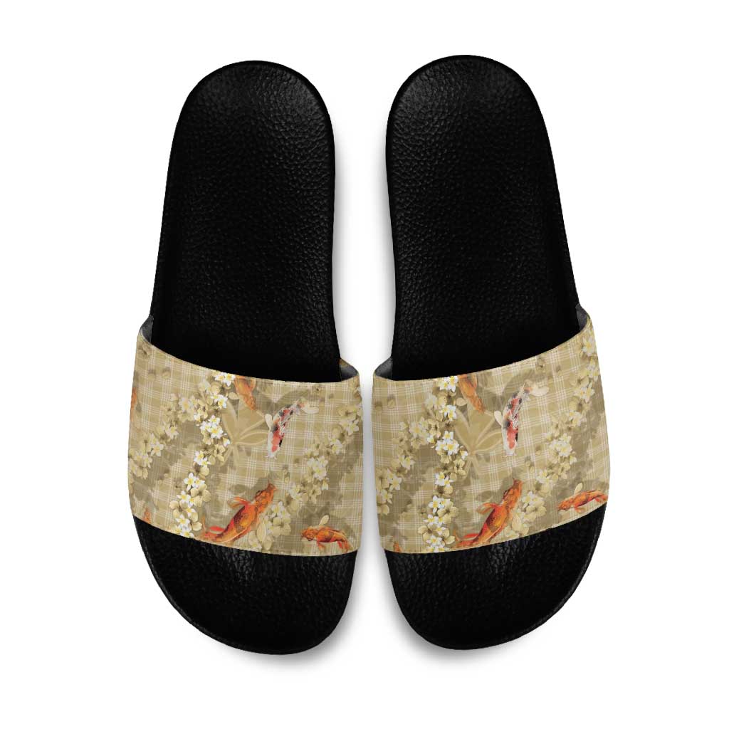 Beige Palaka Hawaiian And Japanese Slide Sandals Sakura Lei With Koi Fish - Polynesian Pride