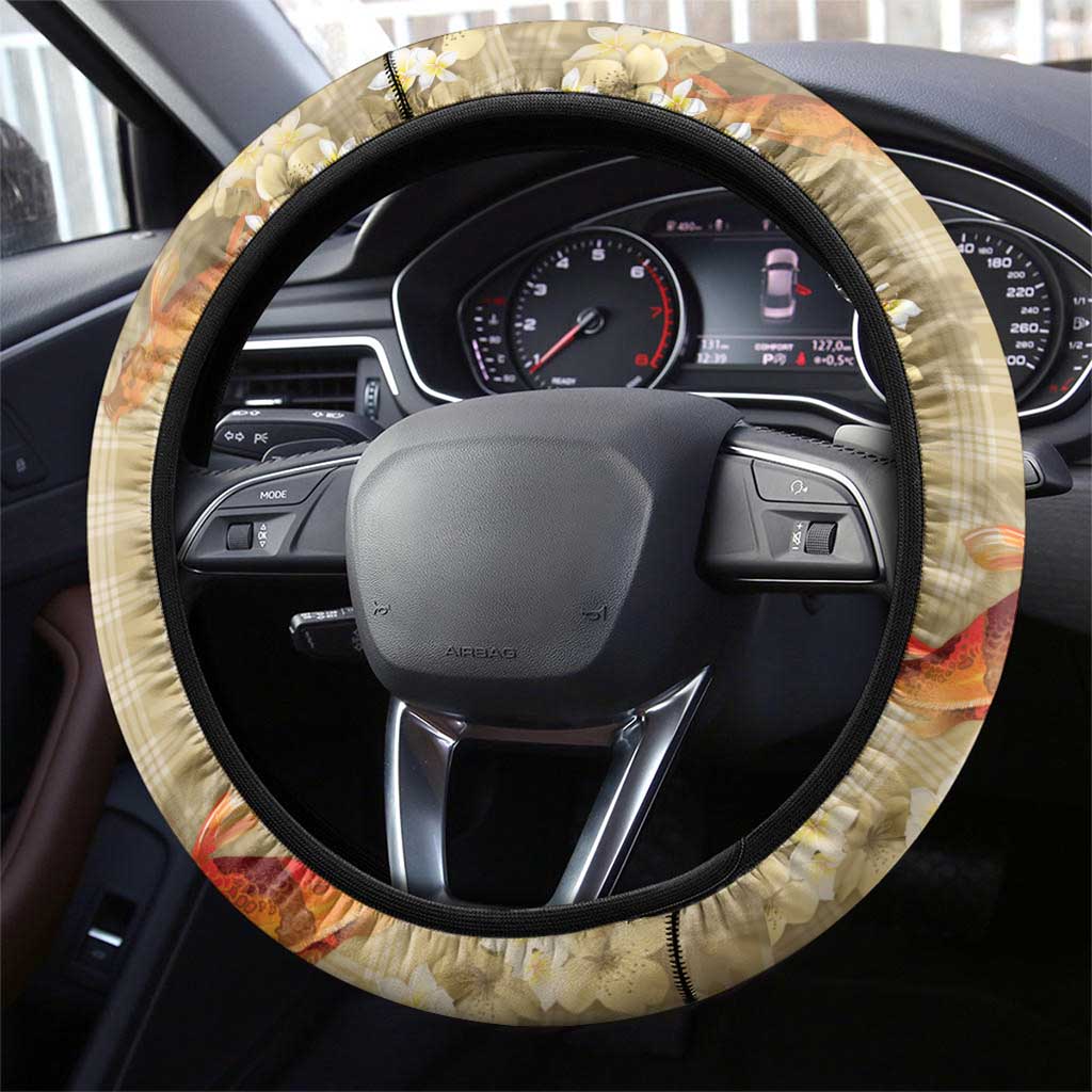 Beige Palaka Hawaiian And Japanese Steering Wheel Cover Sakura Lei With Koi Fish - Polynesian Pride
