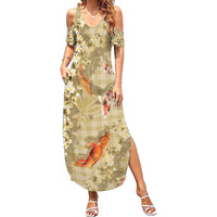Beige Palaka Hawaiian And Japanese Summer Maxi Dress Sakura Lei With Koi Fish - Polynesian Pride
