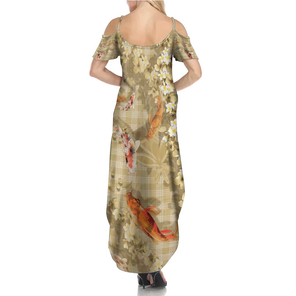 Beige Palaka Hawaiian And Japanese Summer Maxi Dress Sakura Lei With Koi Fish - Polynesian Pride