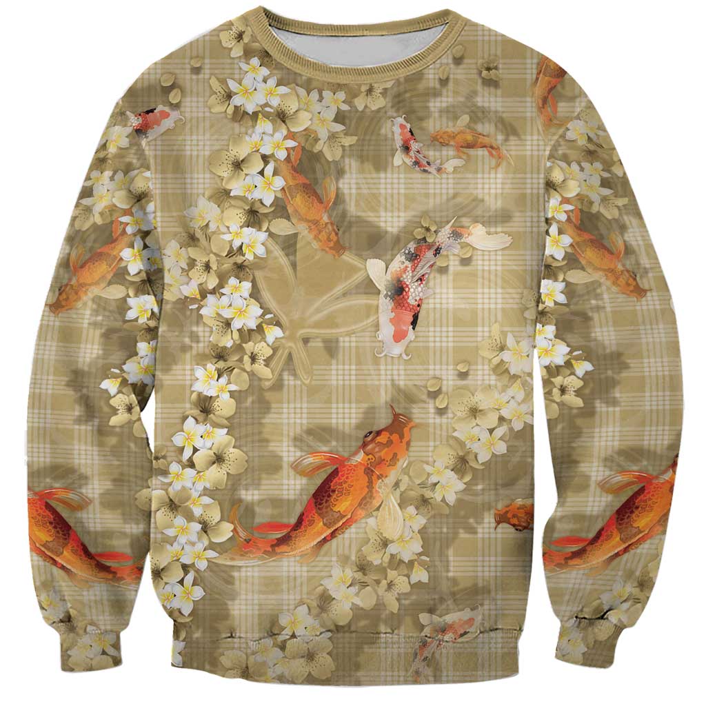 Beige Palaka Hawaiian And Japanese Sweatshirt Sakura Lei With Koi Fish - Polynesian Pride