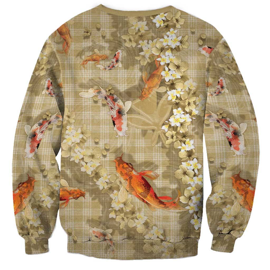 Beige Palaka Hawaiian And Japanese Sweatshirt Sakura Lei With Koi Fish - Polynesian Pride