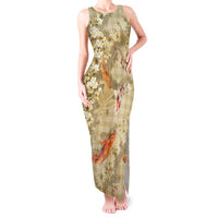 Beige Palaka Hawaiian And Japanese Tank Maxi Dress Sakura Lei With Koi Fish - Polynesian Pride