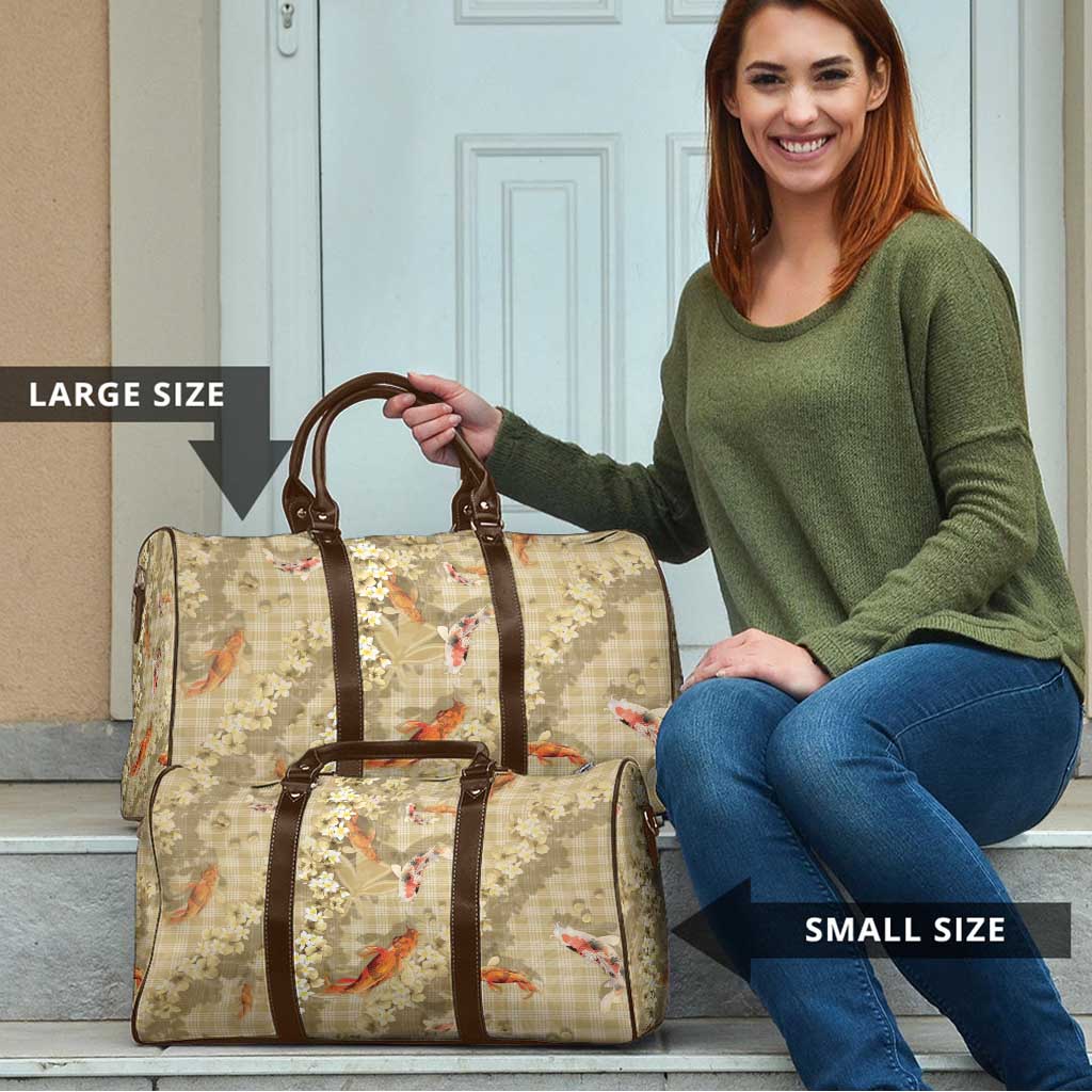 Beige Palaka Hawaiian And Japanese Travel Bag Sakura Lei With Koi Fish - Polynesian Pride